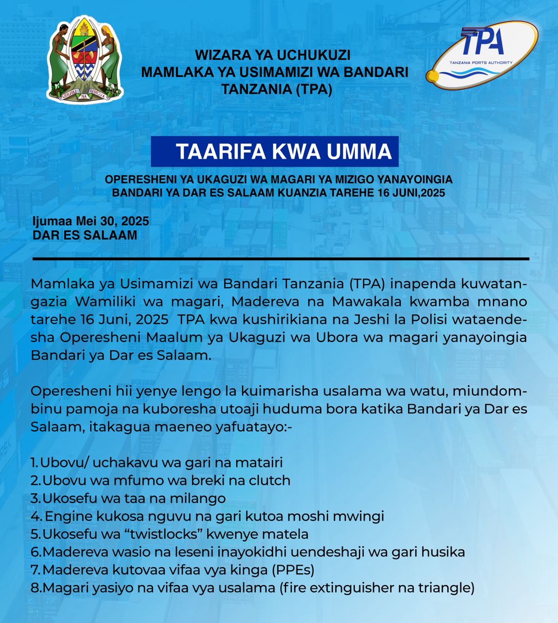 TAARIFA KWA UMMA 